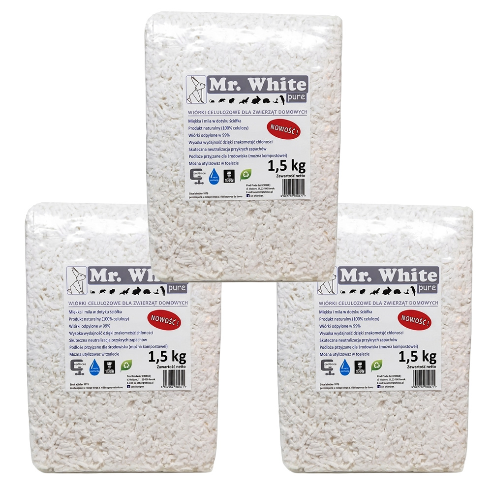 Mr. White Wiórki celulozowe PURE ZESTAW 3 x 1,5 kg ściółka dla gryzoni